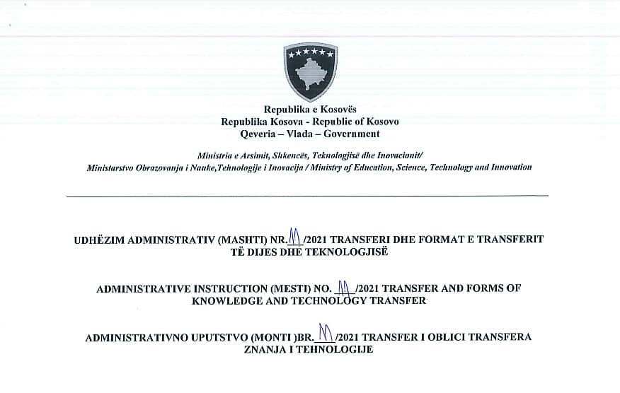The Administrative Instruction on transfer and forms of transfer of knowledge and technology is approved